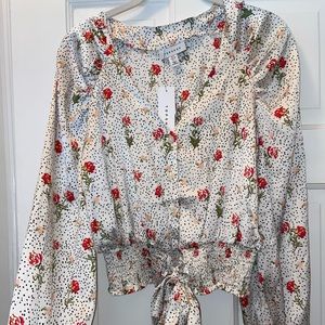 Cream Satin Floral Shirt With Tie